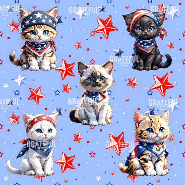 Patriotic Kittens on a Light Blue Starfield