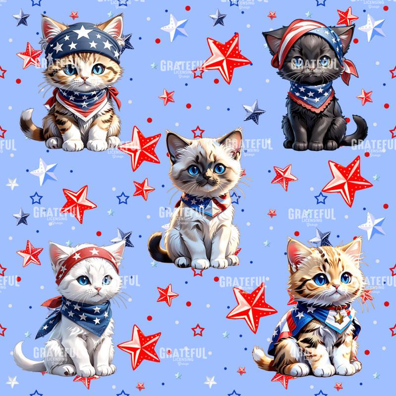 Patriotic Kittens on a Light Blue Starfield