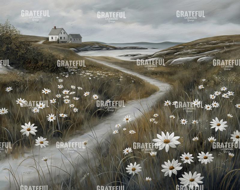 White Barn on a White Flower Road