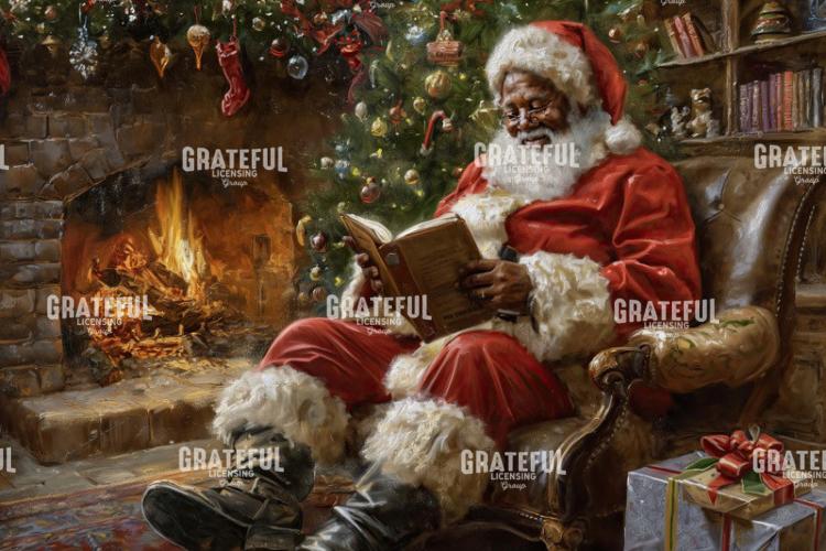 Santa Reading by a Roaring Fire