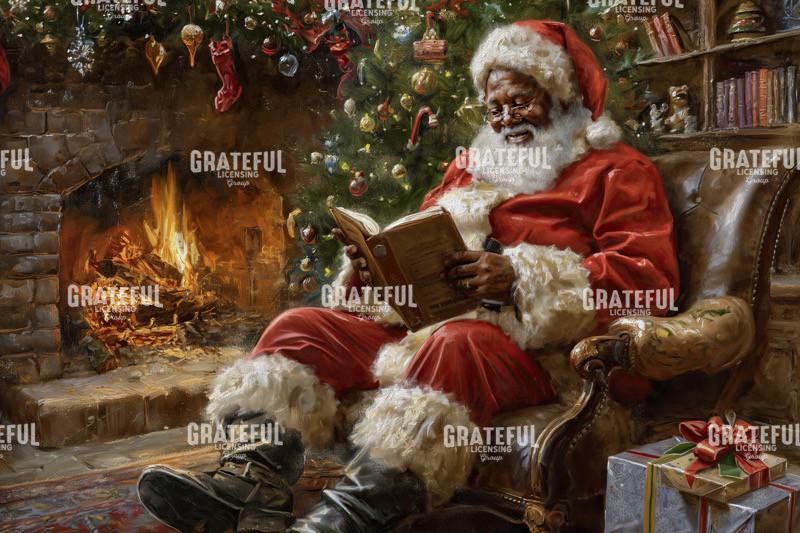 Santa Reading by a Roaring Fire