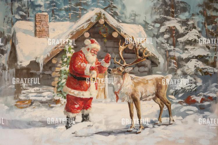 Santa with Reindeer by Cabin
