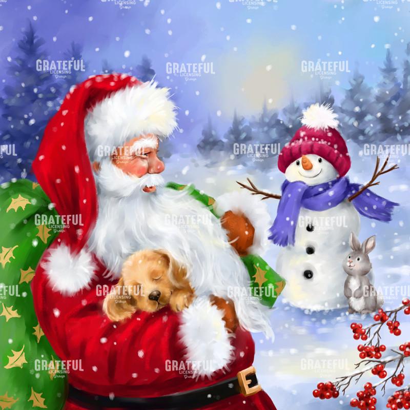 Santa with sleepy Puppy & Snowman