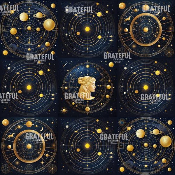 Celestial Blue and Gold Seamless Pattern Single Block