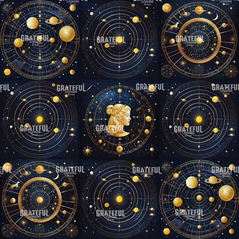 Celestial Blue and Gold Seamless Pattern Single Block