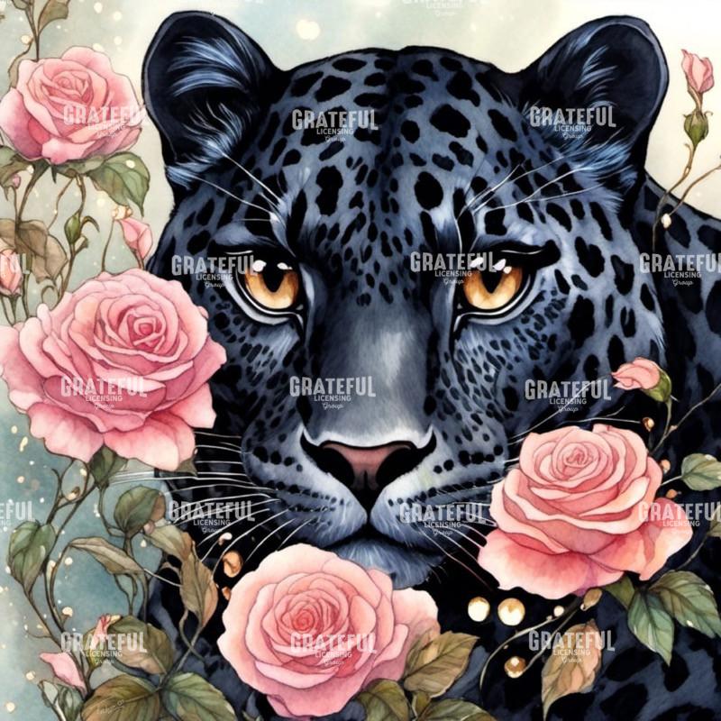 Black Leopard with Roses Watercolor