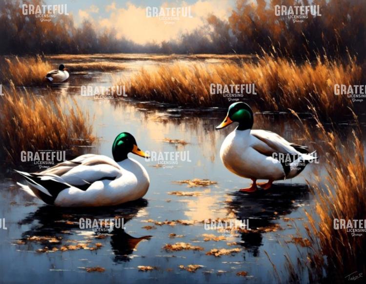 Three Mallard Drakes Marshland Landscape.jpg