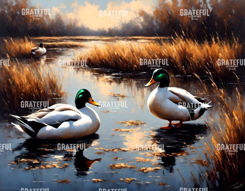 Three Mallard Drakes Marshland Landscape.jpg
