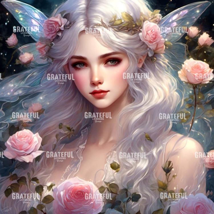 White Hair Anime Fairy with Roses