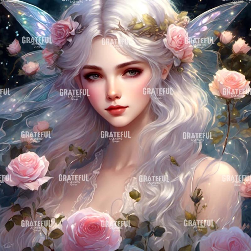 White Hair Anime Fairy with Roses