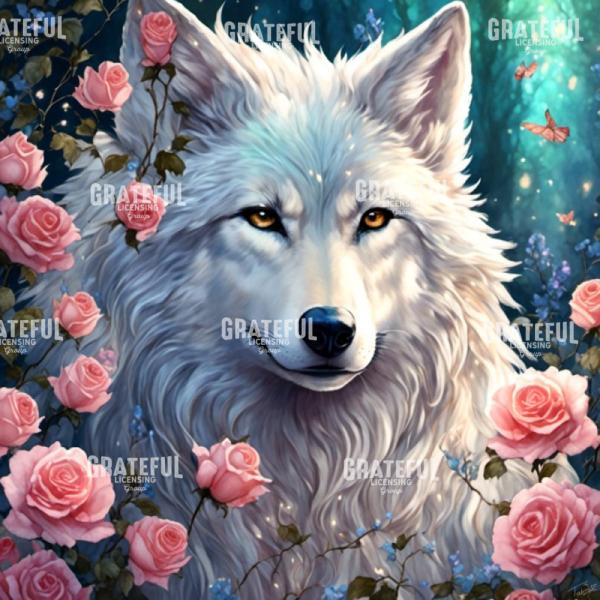White Wolf with Pink Roses.