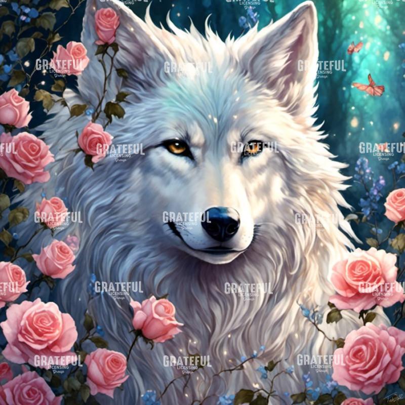 White Wolf with Pink Roses.