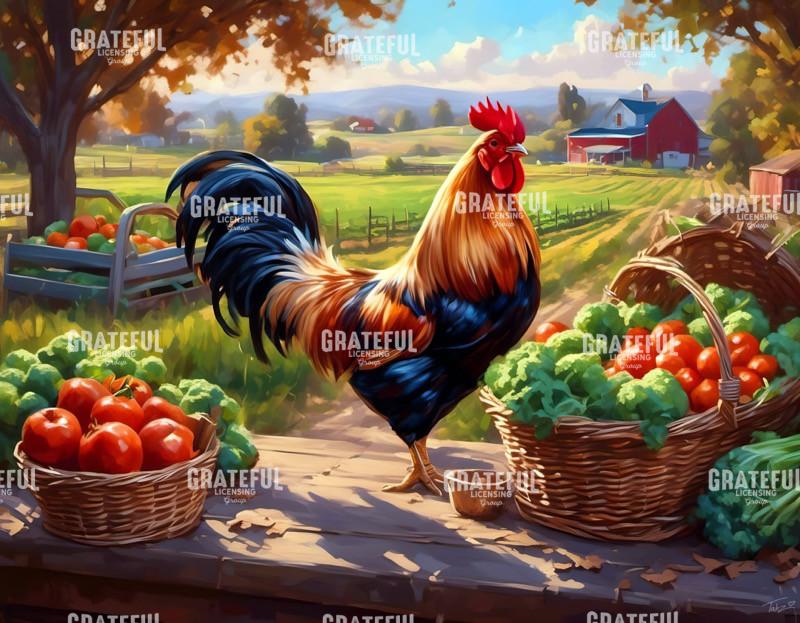 Black and Gold Rooster with Tomatoes Morning