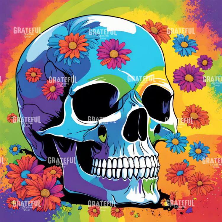 Rainbow Neon Daisy Skull Pop Art