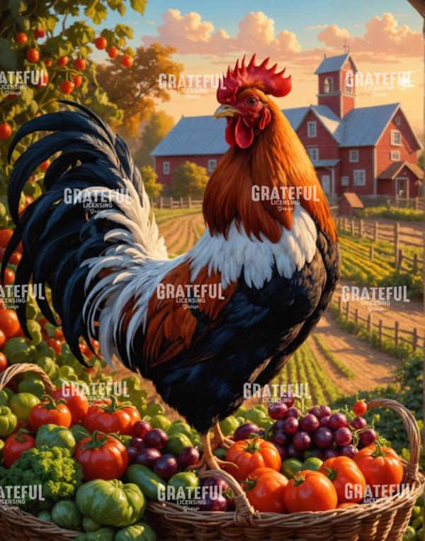 Rooster Portrait with Tomatoes