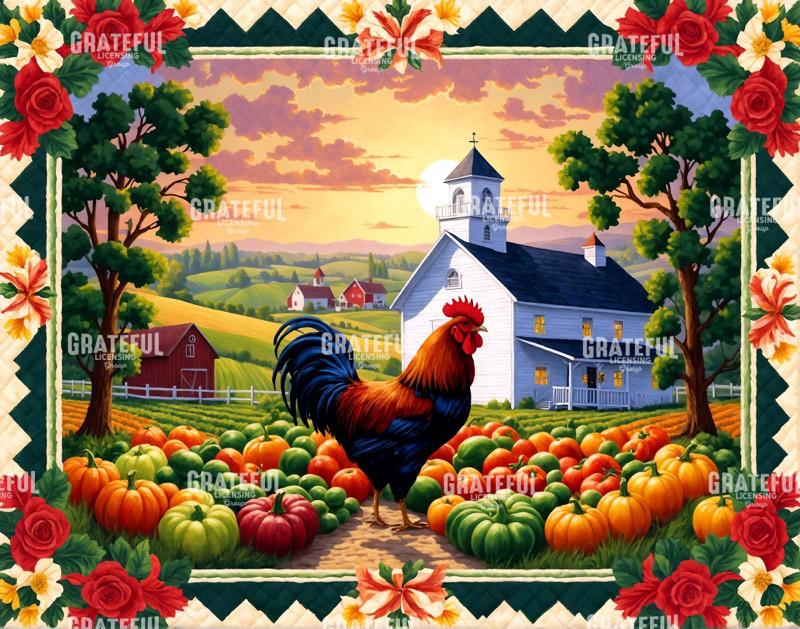 Quilt Frame Rooster and White Church