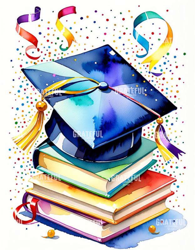 Watercolor Graduation Cap and Books