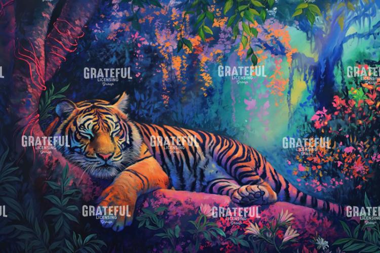 Sleeping Tiger on a Neon Jungle Tree