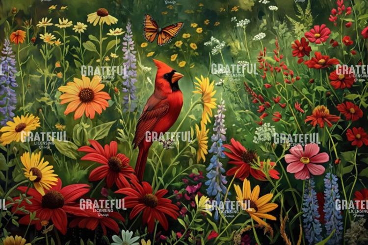 Cardinal with Flowers