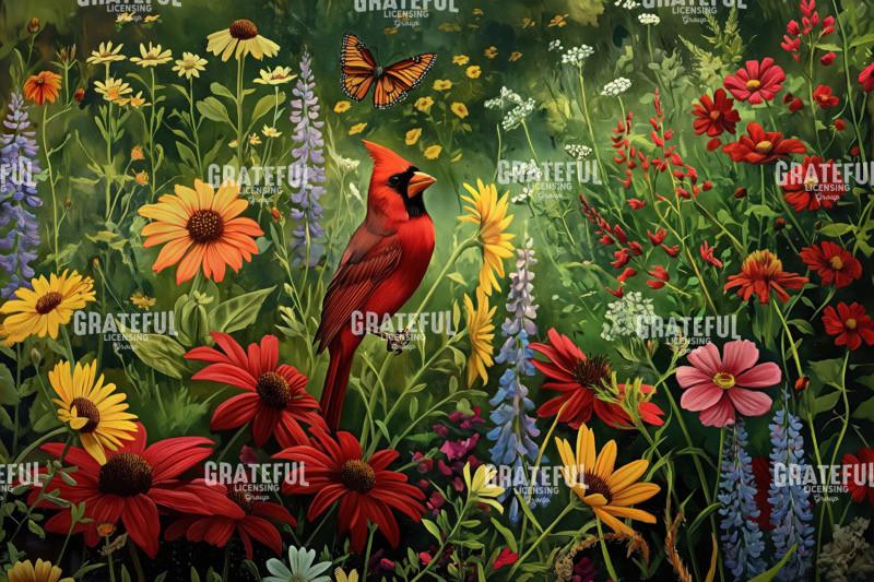 Cardinal with Flowers