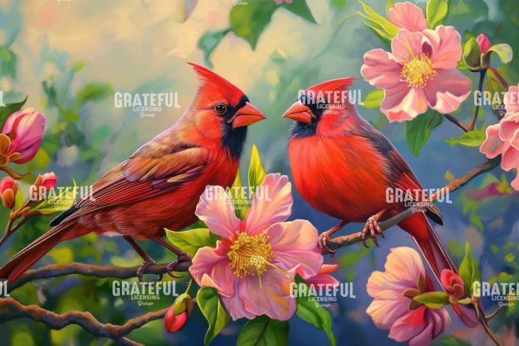 Cardinals and Flowers in a Forest