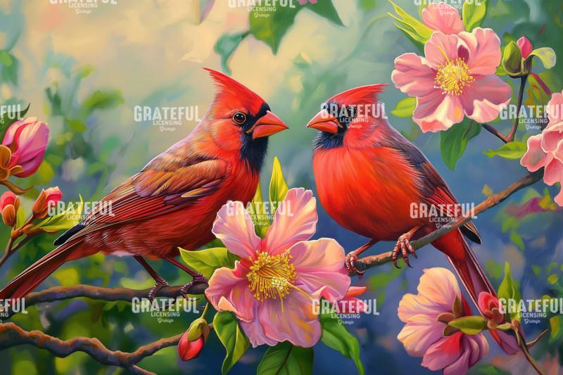 Cardinals and Flowers in a Forest