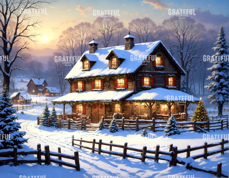 Christmas Morning Farmhouse with Red Shutters