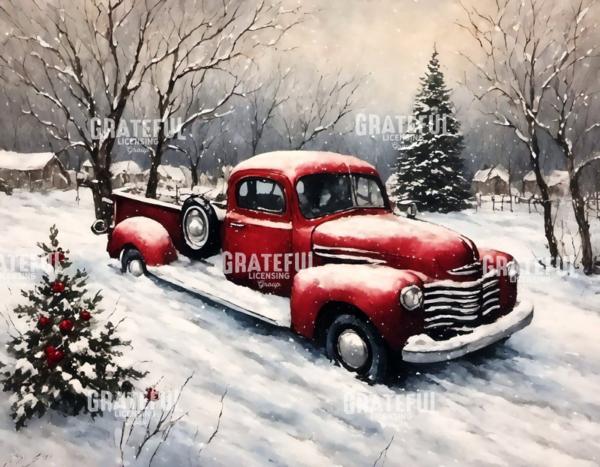Vintage Christmas Red Truck in the Snow