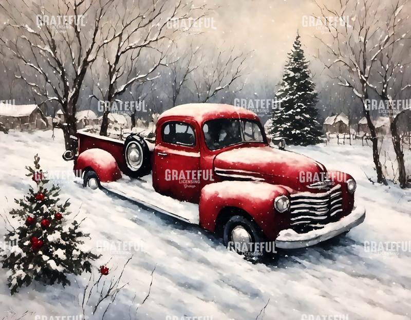 Vintage Christmas Red Truck in the Snow