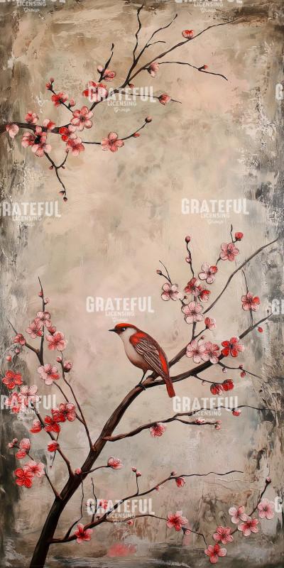 Cherry Blossom Birds Beige Red 3