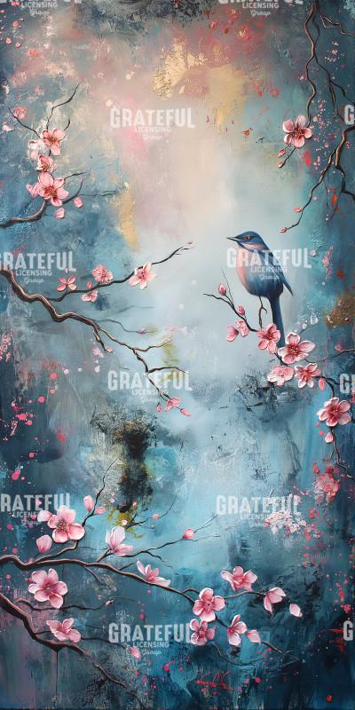 Cherry Blossom Birds on Blue 1