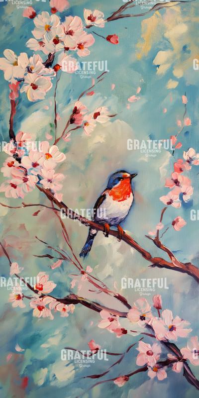 Cherry Blossom Birds Blue Orange 3