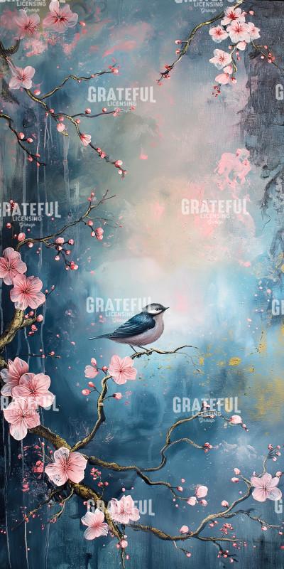 Cherry Blossom Birds on Blue 4