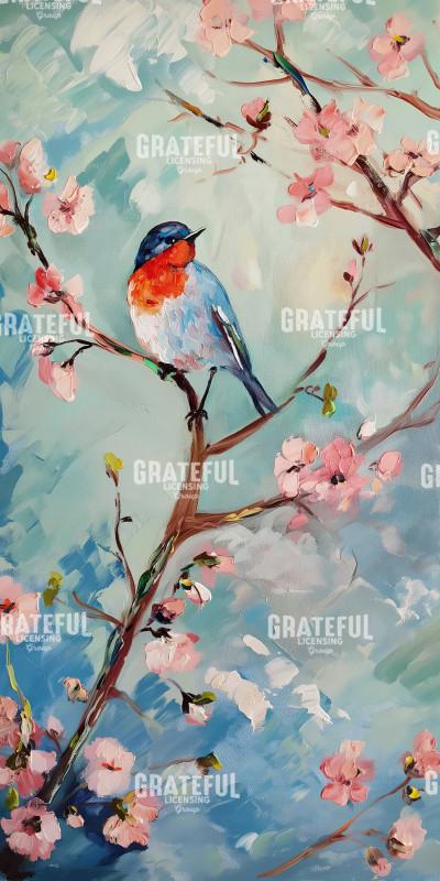 Cherry Blossom Birds Blue Orange 2