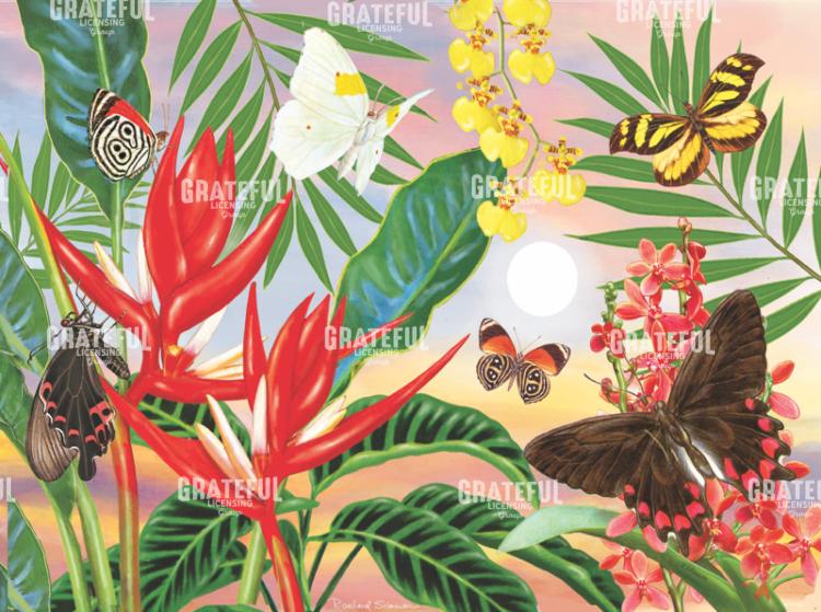 South American Rainforest Butterflies And Red Christmas Heliconia