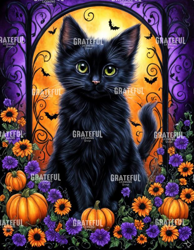 Halloween Kitty with Pumpkins and Purple Flowers