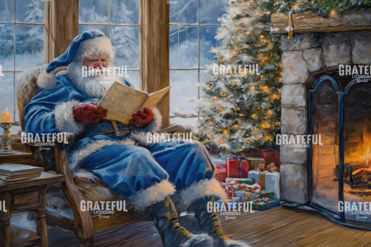 Santa in Blue Reading by the Fire