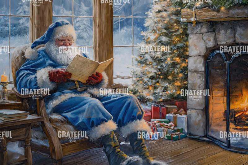 Santa in Blue Reading by the Fire