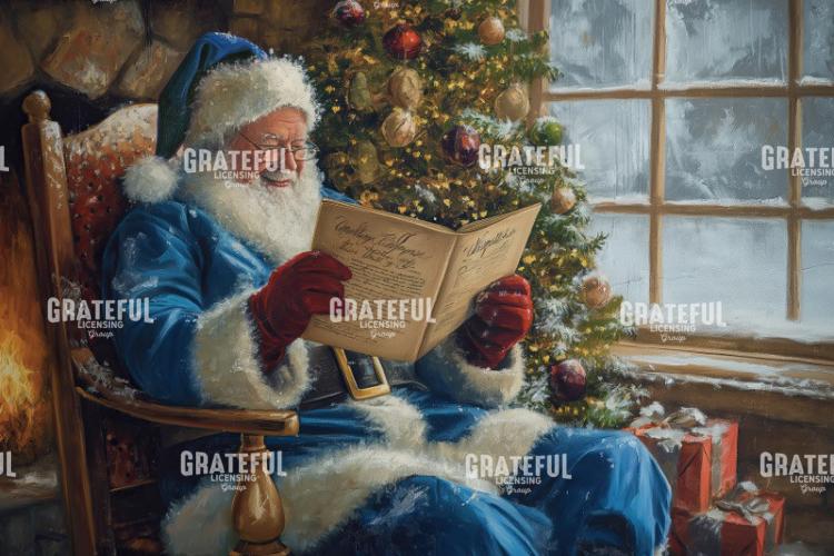 Blue Suit Santa Reading The List