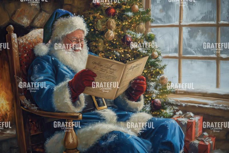 Blue Suit Santa Reading The List