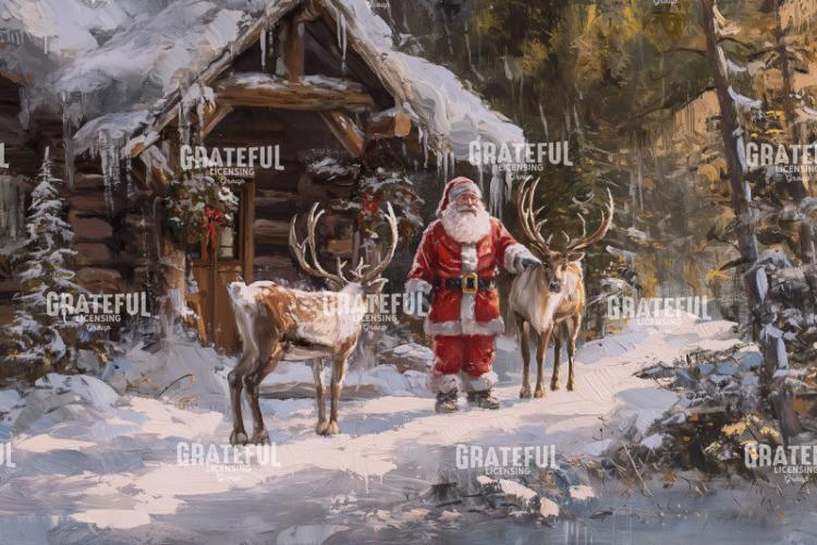 Santa Claus with Reindeer at the Christmas Cabin