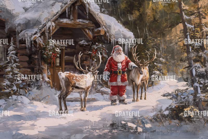 Santa Claus with Reindeer at the Christmas Cabin