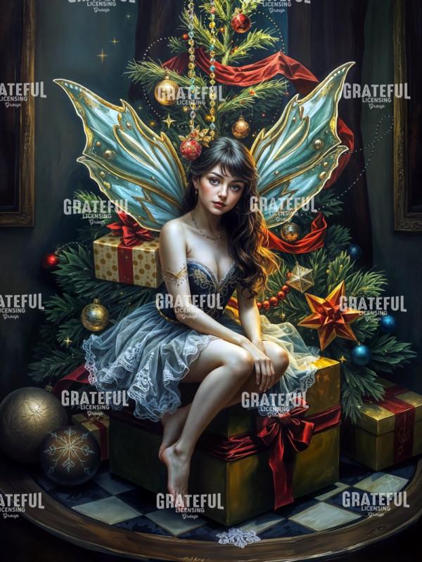Christmas Fairy With Gold Wings and Lace Dress