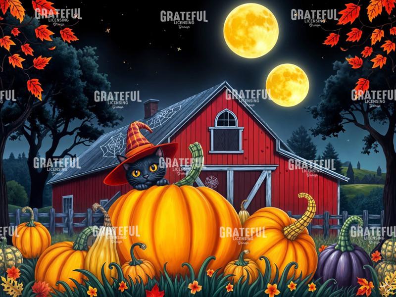 Two Moon Halloween Kitty with Pumpkins