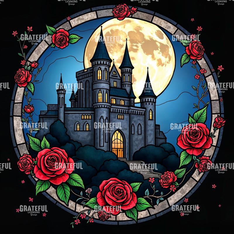 Gothic Castle and Roses Stained Glass