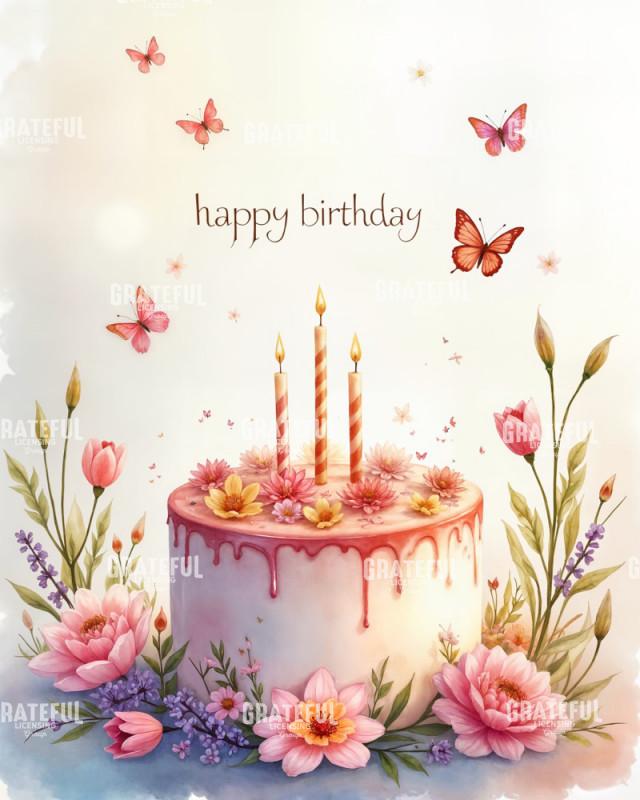Watercolor Birthday Cake with Candles