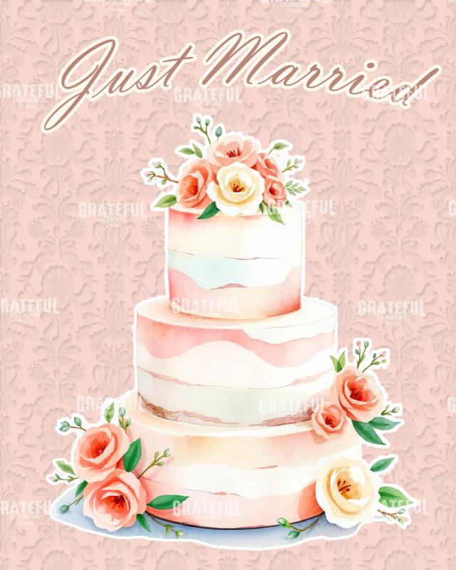 Pink Damask Just Married Wedding Cake