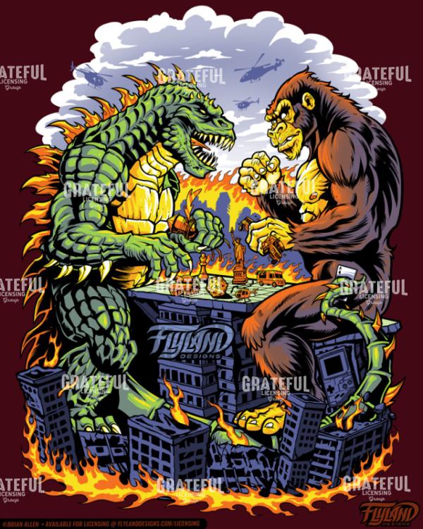 Kaiju Monsters Playing Board Game on Destroyed City