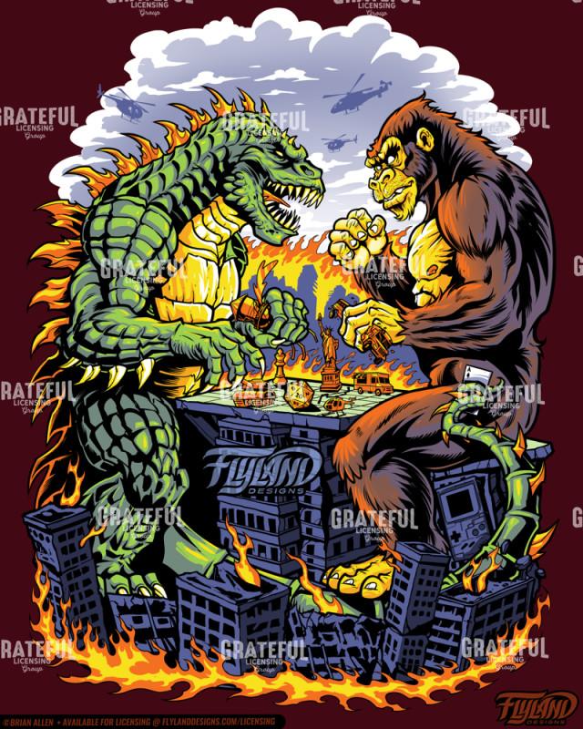Kaiju Monsters Playing Board Game on Destroyed City