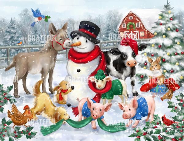 Farm Animals Decorating a Snowman